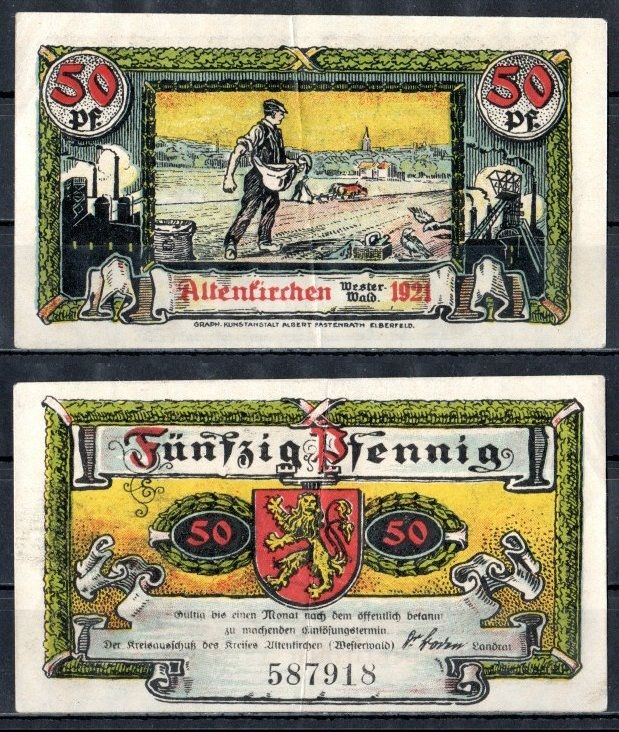 Альтенкирхен-им-Вестервальд (Пруссия, Рейн) 50 пфеннигов 1921 Mehl Grabowski 24.1a-3/3 бумага 7556-1-3-2