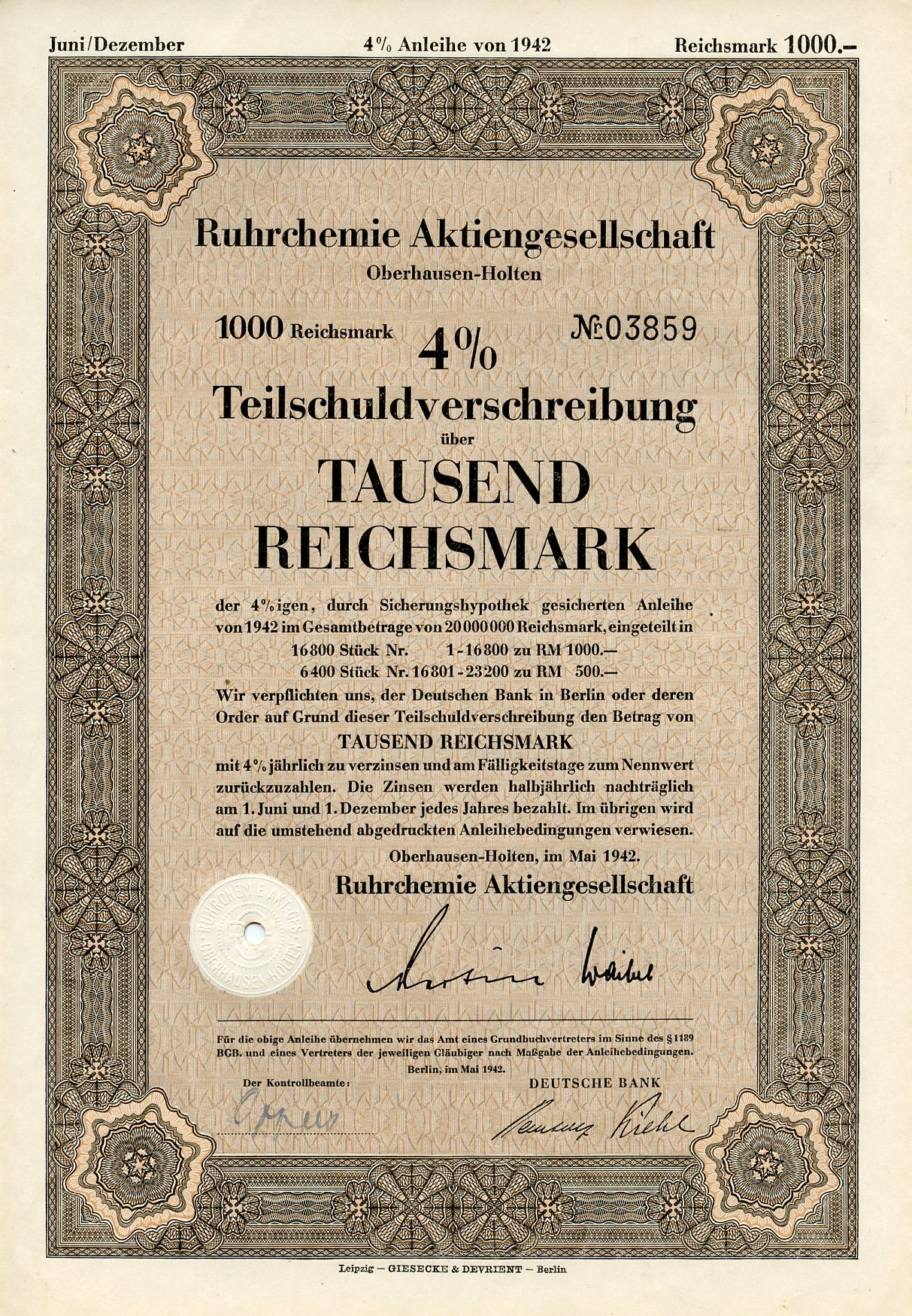 Германия 1000 рейхсмарок 1942 АО Рур-химия, Оберхаузен-Хольтен, 4 % облигация   бумага  8804-127-1