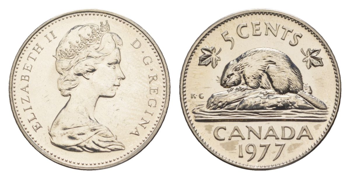 Канада 5 центов 1977 Елизавета II (1952-2022), бобр KM 60.1 никель PROOF-LIKE (BU) 4630-948