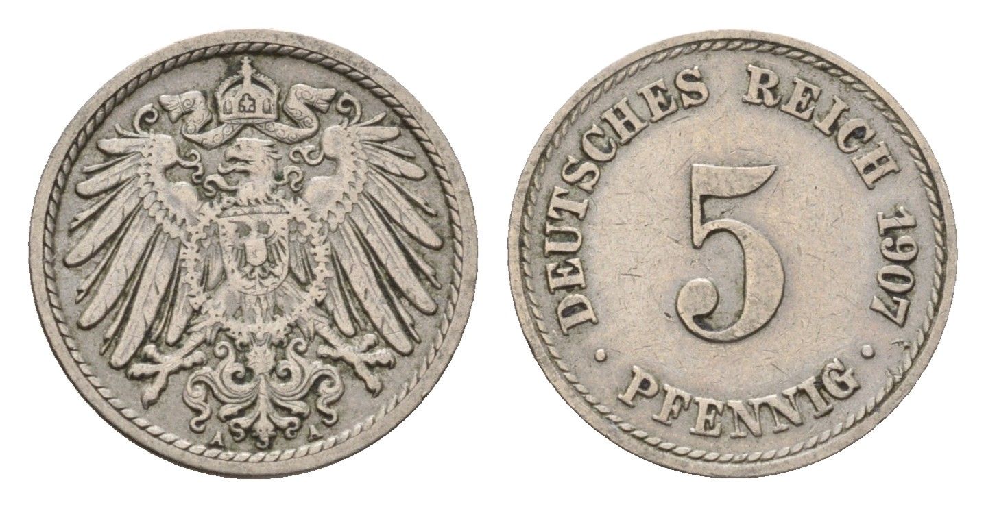 Германия 5 пфеннигов 1907 A, Вильгельм II (1888-1918) KM 11, J. 12 медно-никель 4636-151