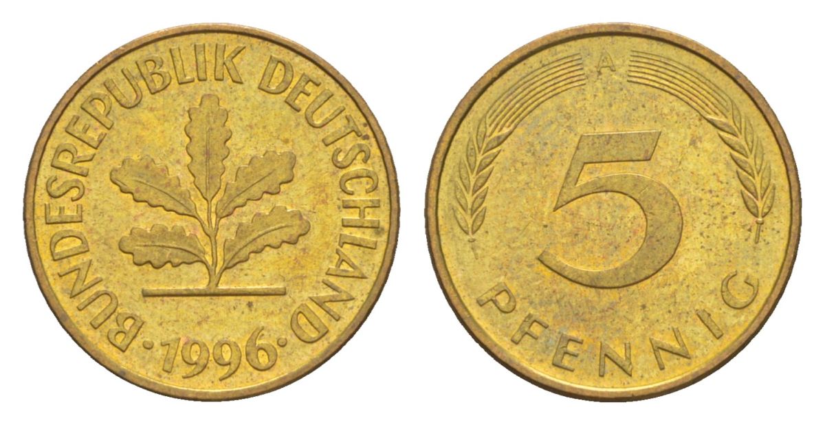 Германия 5 пфеннигов 1996 A KM 107, J. 382 сталь плакированная латунью UNC 4630-1256