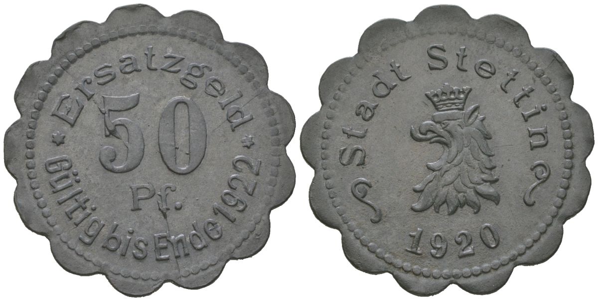Штеттин (Пруссия, Померания) 50 пфеннингов 1920 Funck 522.6, Men18 30217.6 цинк 4586-842