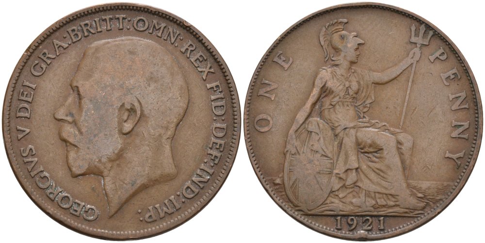 Великобритания 1 пенни 1921 Георг V (1910-1936) KM 810, Spink 4051 бронза 215-644