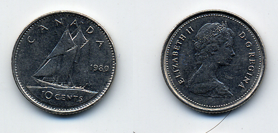 КАНАДА 10 ЦЕНТОВ 1980 KM 77.2 никель 54-258