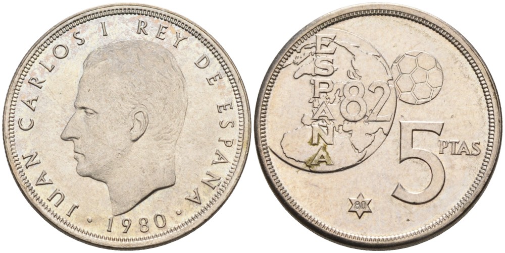 Испания 5 песет 1980 (80) чемпионат мира по футболу в Испании 1982 года, Хуан Карлос I KM 817 медно-никель 72-1511