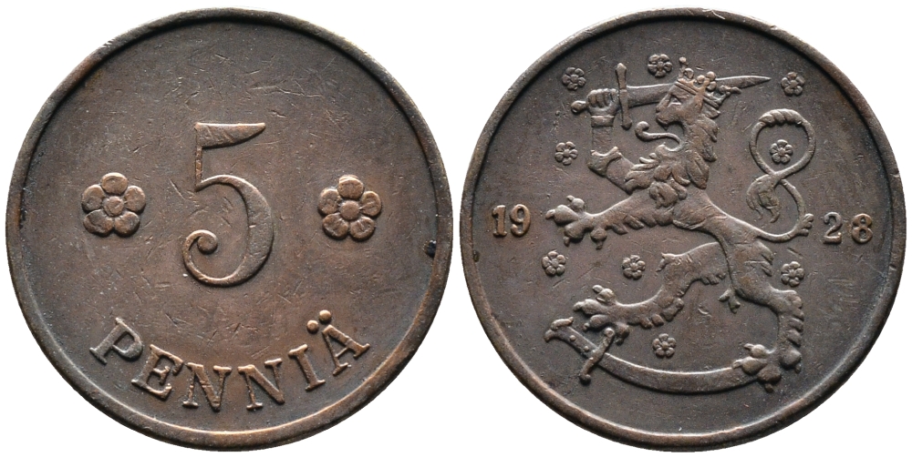 ФИНЛЯНДИЯ 5 ПЕННИ 1928 KM 22 медь 4387-429