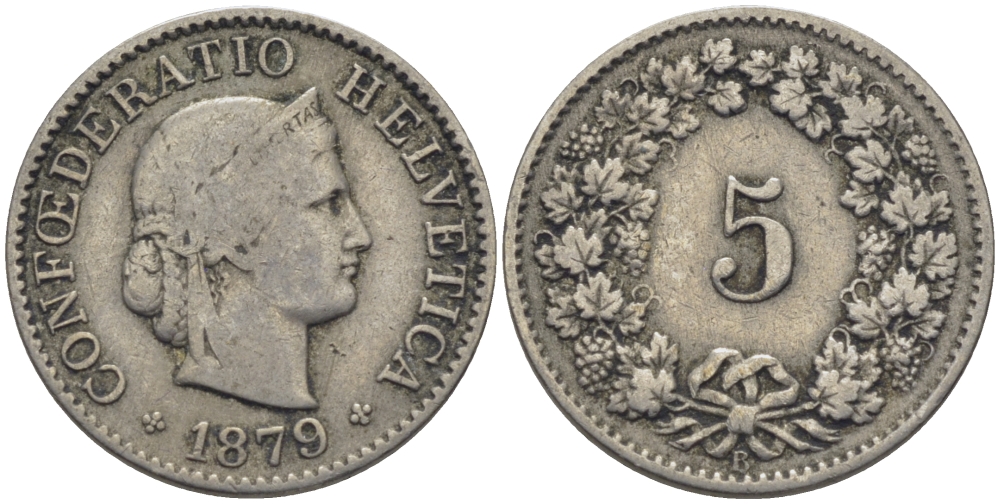 ШВЕЙЦАРИЯ 5 РАППЕНОВ 1879 KM 26 медно-никель 26-731