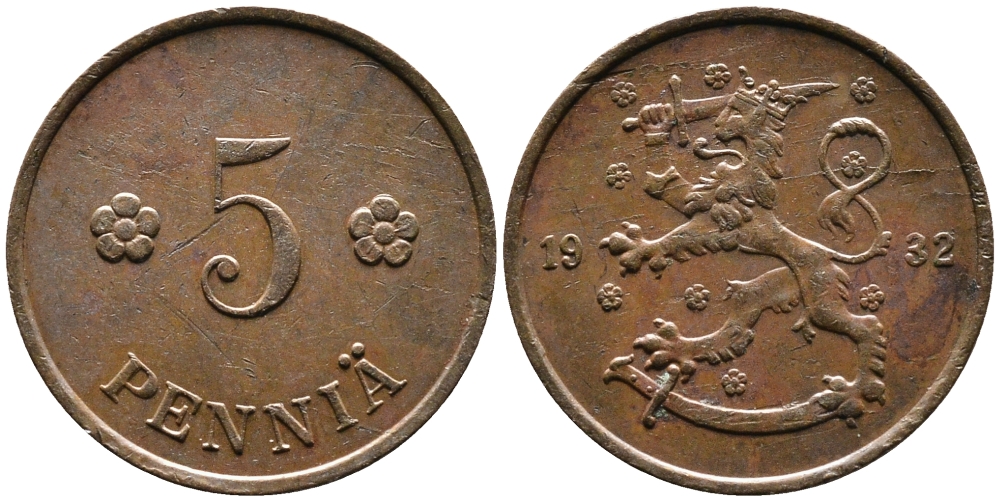 ФИНЛЯНДИЯ 5 ПЕННИ 1932 KM 22 медь 4387-422