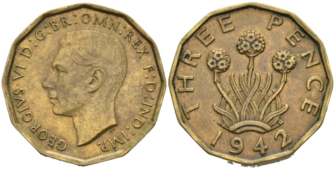 Великобритания 3 пенса 1942 Георг VI (1937-1952) KM 849, Spink 4112 никель латунь 4561-955