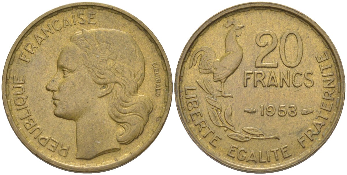 Франция 20 франков 1953 петух, 4 ПЕРА KM 917.1, Le Frank 402.11 алюминиевая бронза 4519-725