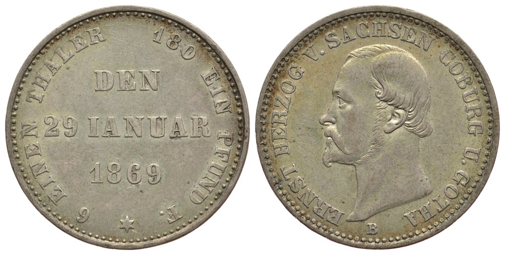 САКСЕН-КОБУРГ-ГОТА 1/6 ТАЛЕРА 1869 B, 25 ЛЕТ ПРАВЛЕНИЯ ЭРНСТА II (1844-1893) KM 119, Jaeger 297 AKS 118 серебро 00-00