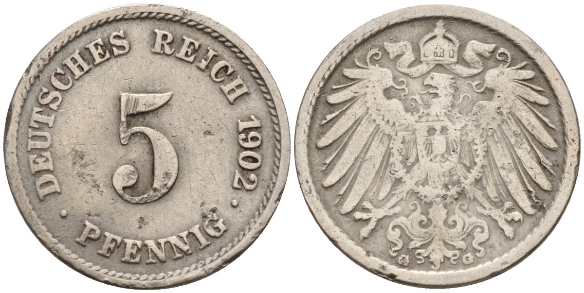 Германия 5 пфеннигов 1902 A KM 11, J. 12 медно-никель 4151-431