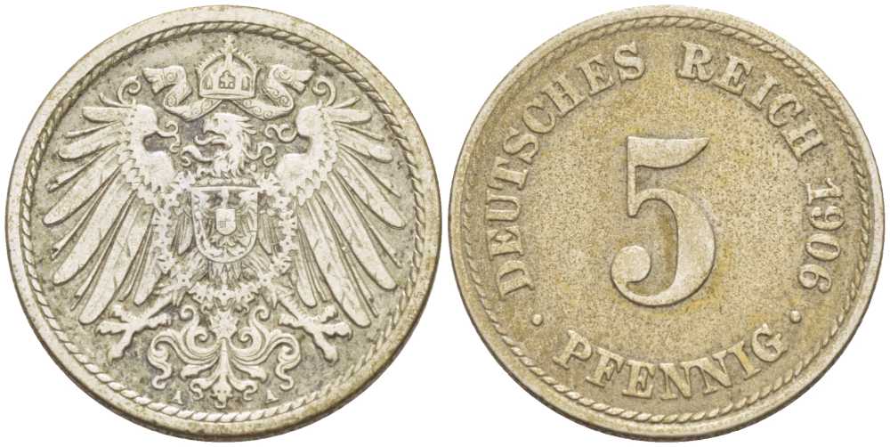 ГЕРМАНИЯ 5 ПФЕННИГОВ 1906 A KM 11, J. 12, Weege 6 медно-никель 206-946