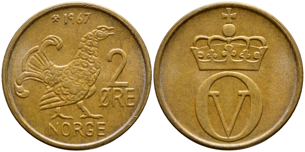 Норвегия 2 эре 1967 глухарь, Улаф V (1958-1991) KM 410 бронза 259-553