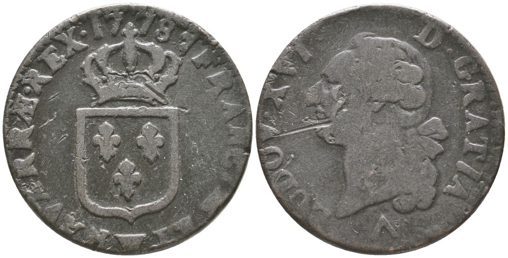 ФРАНЦИЯ 1 СУ 1778 W, ЛЮДОВИК XVI (1774-1793) KM 578.16 (С73.4) медь 51-845