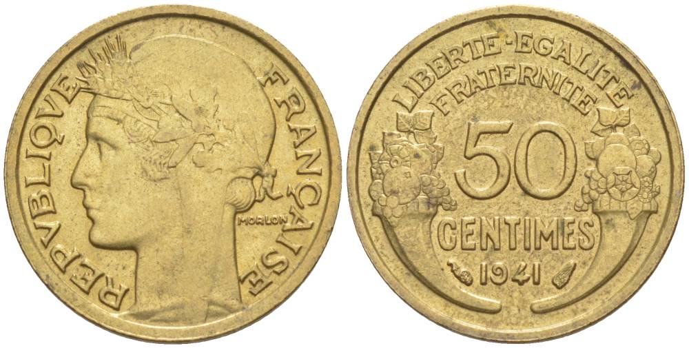 ФРАНЦИЯ 50 САНТИМОВ 1941 ТИП MORLON KM 894.1, LE FRANC 192.18 алюминиевая бронза 44-537