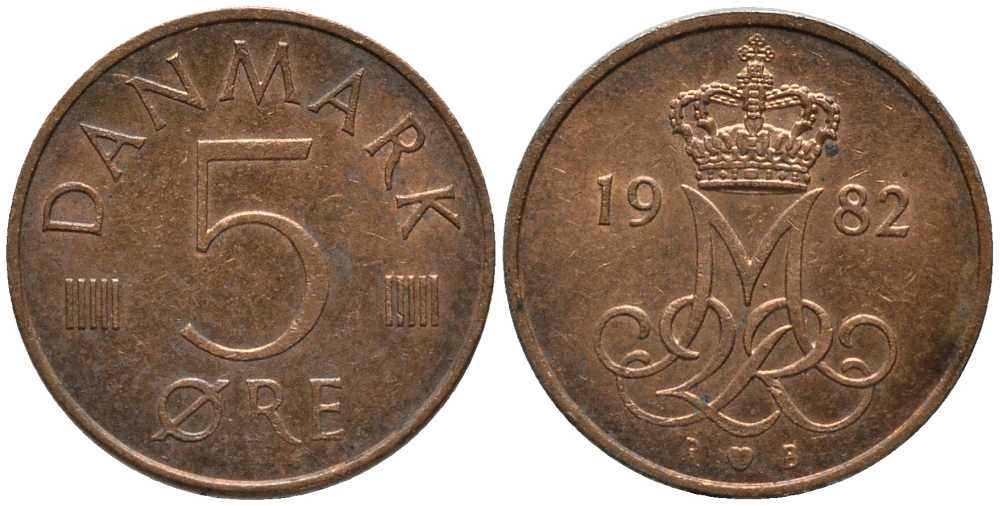 ДАНИЯ 5 ЭРЕ 1982 R; B, МАРГРЕТЕ II (1972-) KM 859.3 железо плакированное медью 116-159