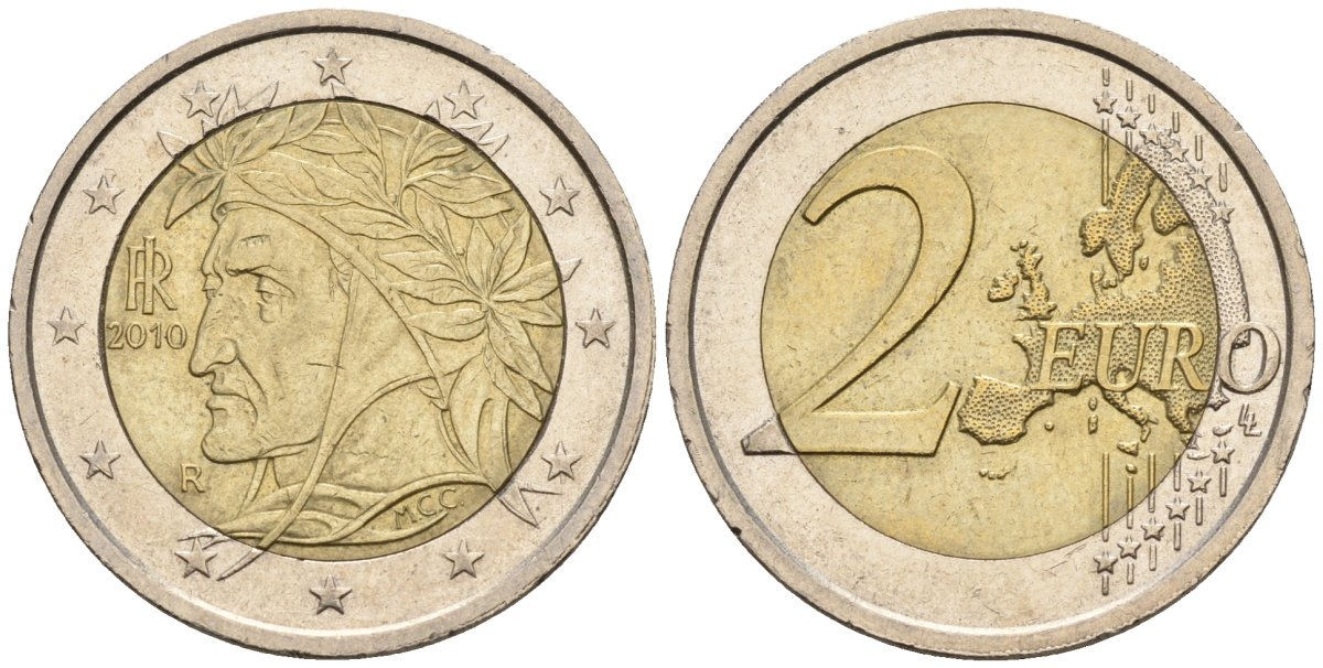 Италия 2 евро 2010 Данте Алигьери KM 217 биметалл 4148-716