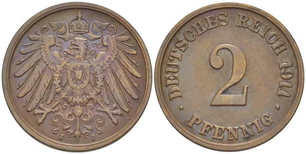 ГЕРМАНИЯ 2 ПФЕННИГА 1911 J KM 16, J. 11, Weege 4 медь 206-568