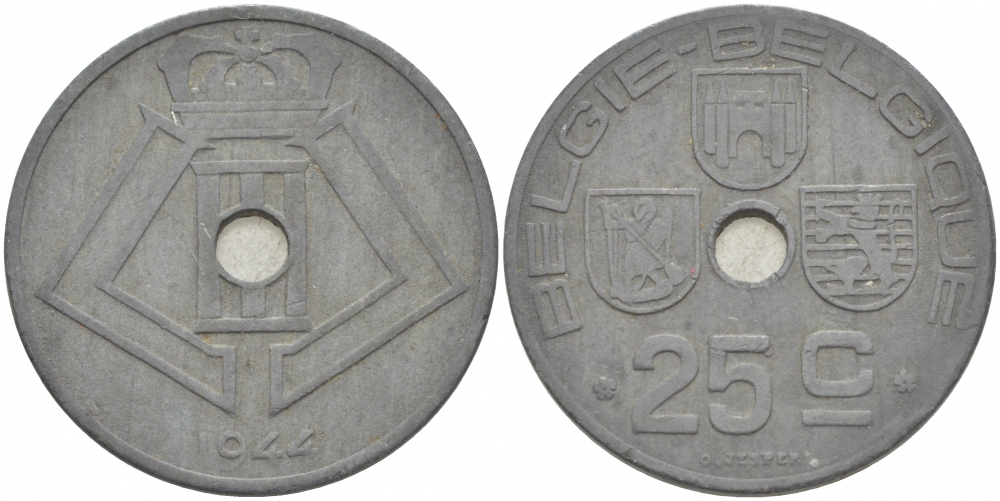 БЕЛЬГИЯ 25 САНТИМОВ 1944 BELGIE-BELGIQUE, ГЕРМАНСКАЯ ОККУПАЦИЯ, ВТОРАЯ МИРОВАЯ ВОЙНА KM 132 цинк 3996-621