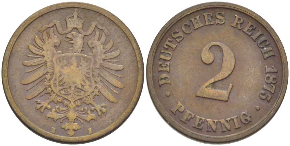ГЕРМАНИЯ 2 ПФЕННИГА 1875 B, СТАРОГЕРБОВКА KM 2, J. 2, Weege 3 медь 212-531