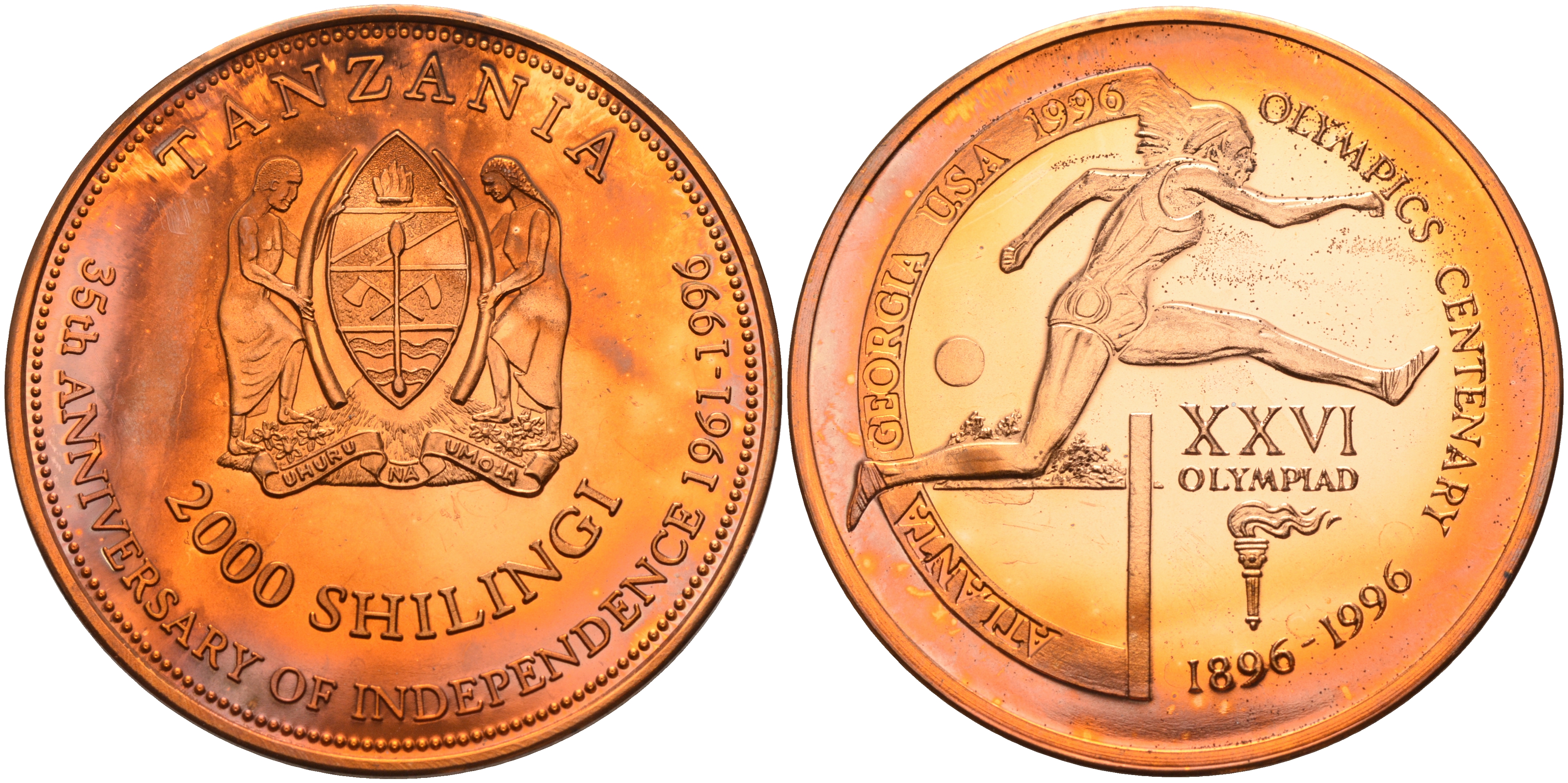 Танзания 2000 шиллингов 1996 XXVI Олимпийские игры 1996 года в Атланте, 100 лет Олимпийскому движению, бег с барьерами, пробник, гладкий гурт медь PROOF 06-135-35