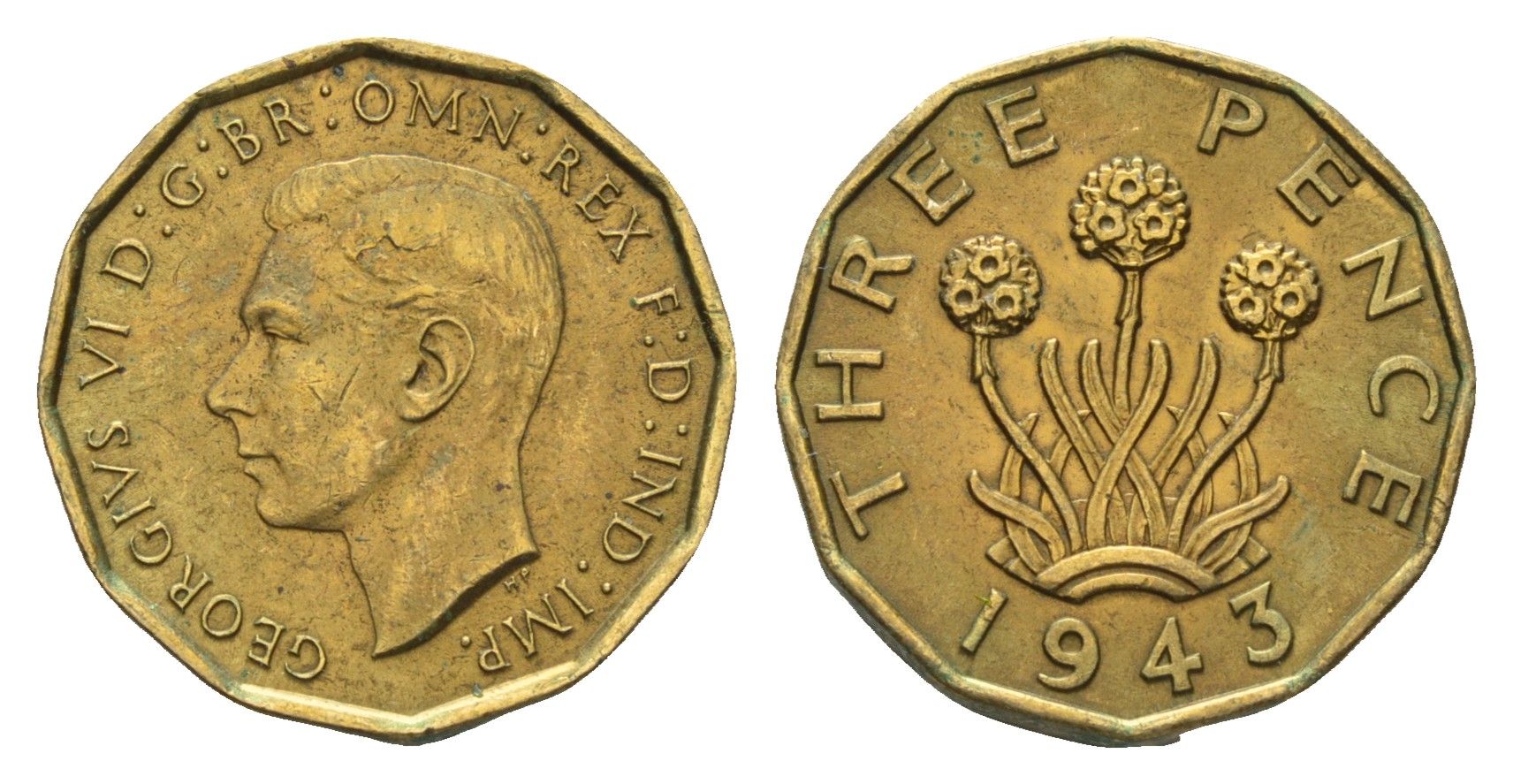 Великобритания 3 пенса 1943 Георг VI (1936-1952) KM 849, Spink 4112 никель латунь 77-235