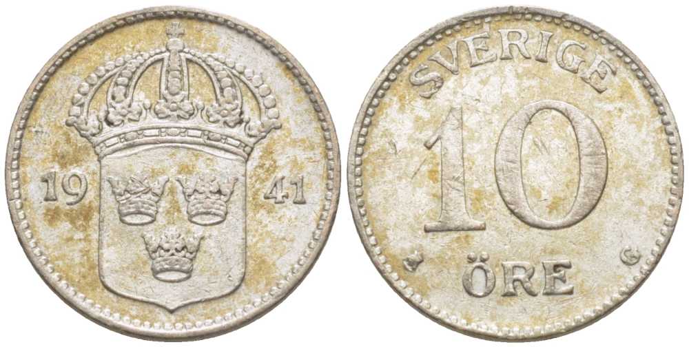 Швеция 10 эре 1941 G, Густав V (1907-1950) KM 780 серебро 116-1158