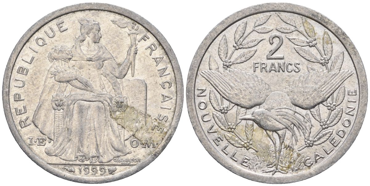 Французская Новая Каледония 2 франка 1999 птица кагу, (IEOM) KM 14, Schoen 11, Lec 68d алюминий    28-452