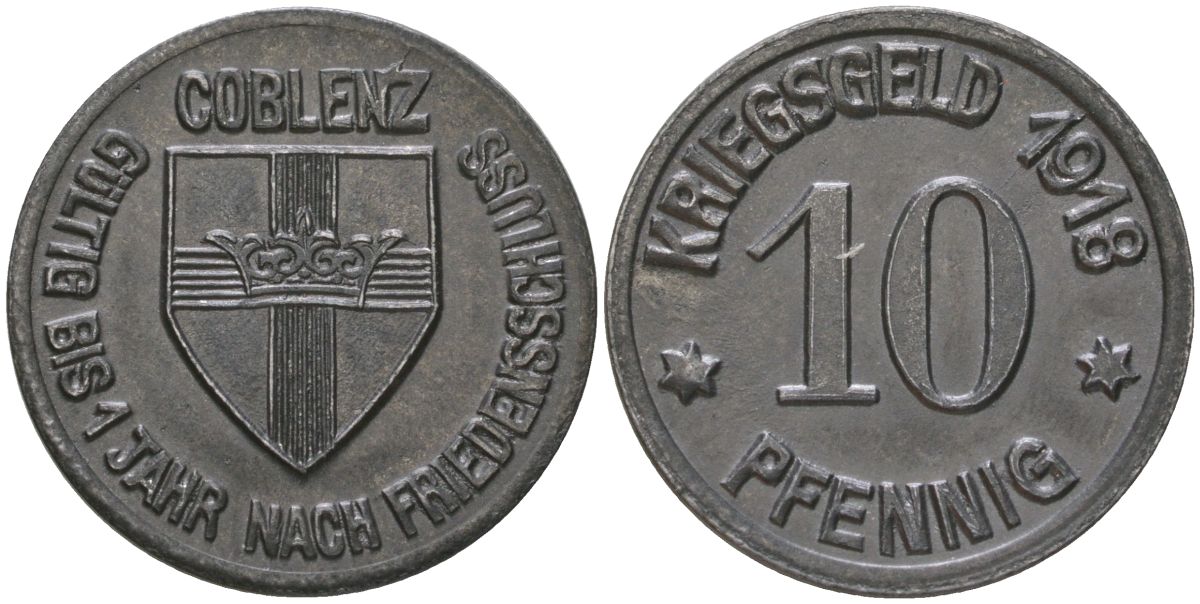 Кобленц (Пруссия, Рейн) 10 пфенингов 1918 Funck 80.1A, Men05 4526.1, Men18 5727.2 железо 4175-535