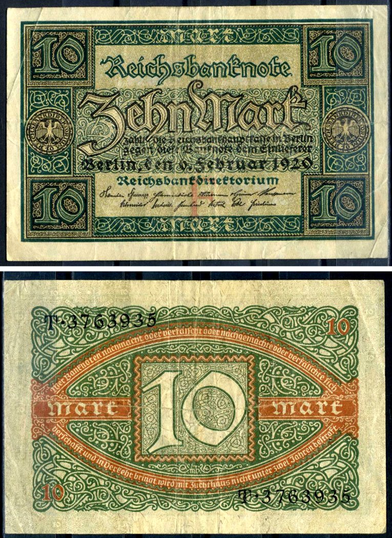 Германия 10 марок 1920 буква F, серия T, номер семизначный Pick 67a, Rosenberg 63а бумага 8617-29-1-2