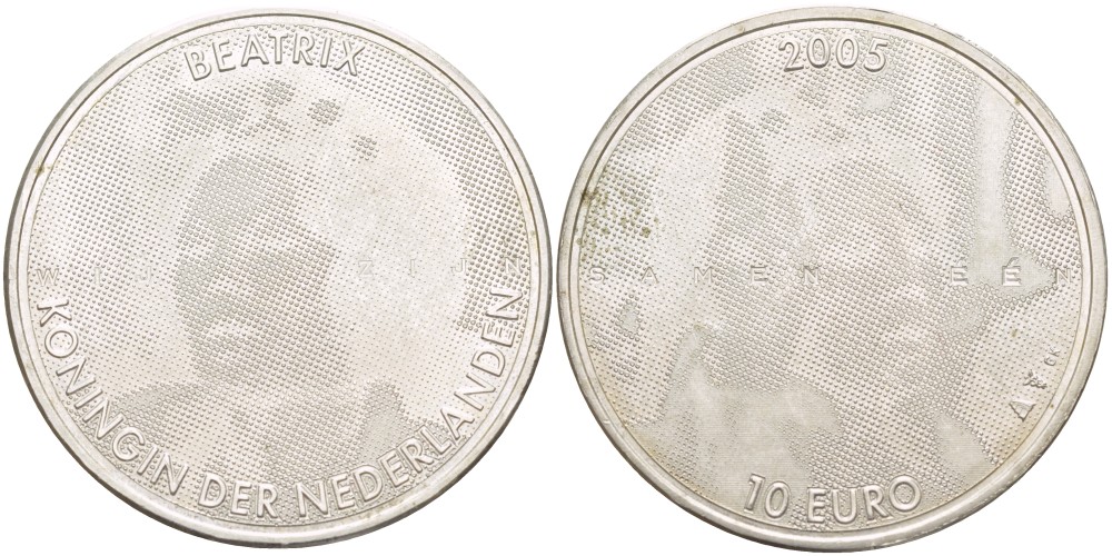 Нидерланды 10 евро 2005 25 ЛЕТ ПРАВЛЕНИЯ БЕАТРИКС КОРОЛЕВЫ НИДЕРЛАНДОВ KM 261 серебро 4537-422