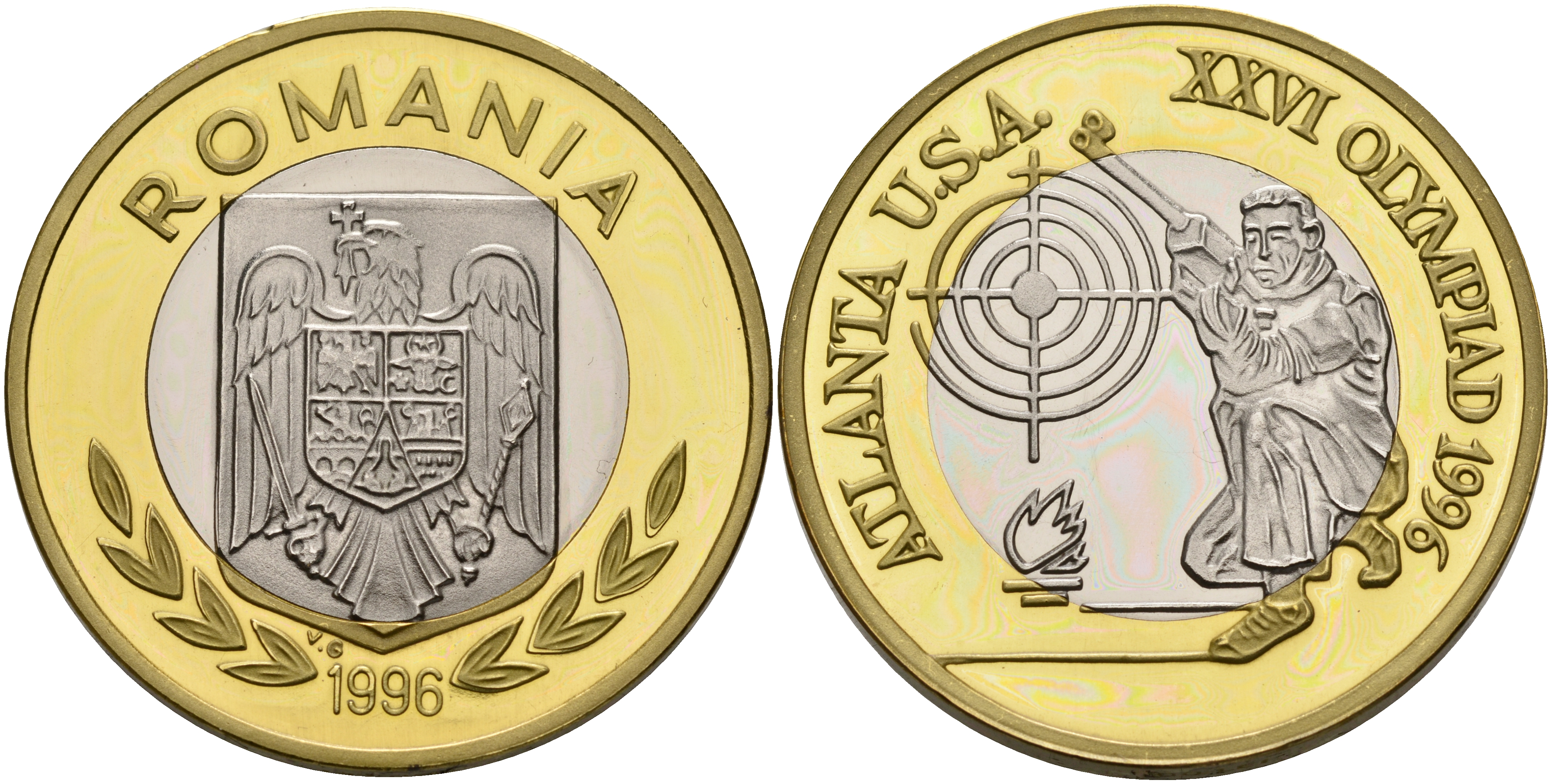 Румыния 100 леев 1996 XXVI Олимпийские игры 1996 года в Атланте, 100 лет Олимпийскому движению, стрельба, пробный выпуск, пифорт  биметалл  PROOF  1525-1315