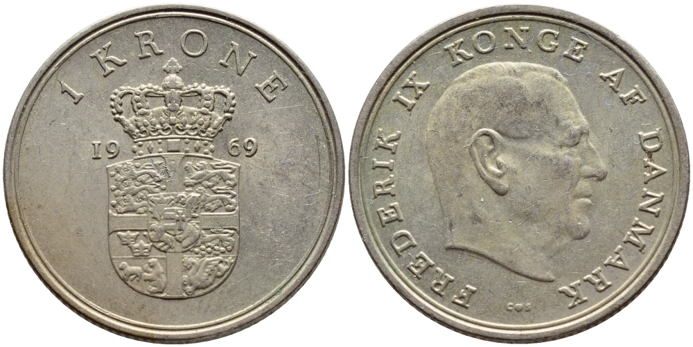 ДАНИЯ 1 КРОНА 1969 C; S, ФРЕДЕРИК IX (1947-1972) KM 851.1 медно-никель 4398-1025
