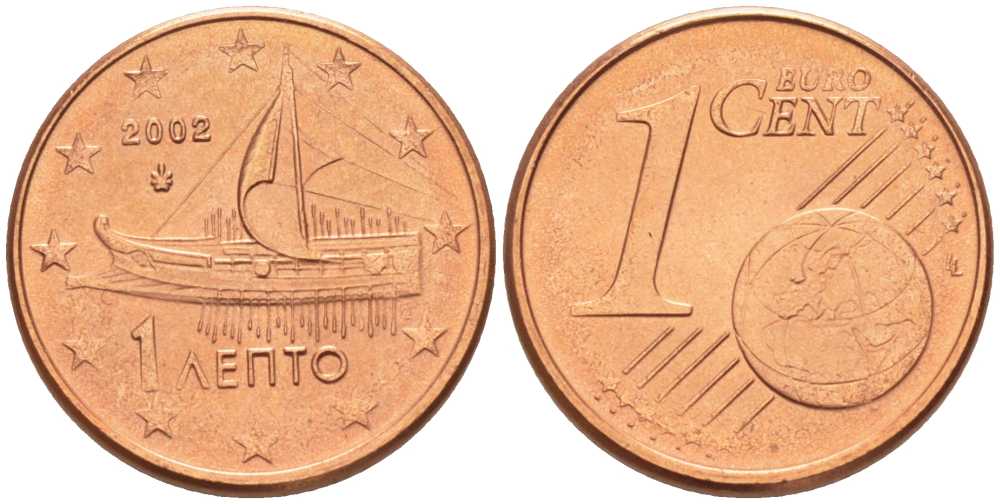 ГРЕЦИЯ 1 ЕВРОЦЕНТ 2002 KM 181 сталь плакированная медью UNC 214-337