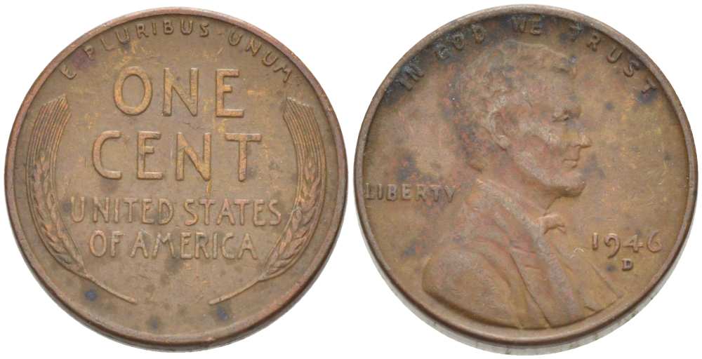 США 1 ЦЕНТ 1946 D, ЛИНКОЛЬН KM А132 медь цинк 3309-537