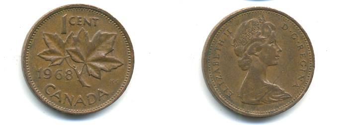 Канада 1 цент 1968 Елизавета II (1952-2022), кленовый лист KM 59.1 бронза 177-1333