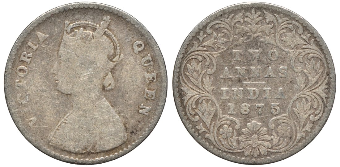 БРИТАНСКАЯ ИНДИЯ 2 АННА 1875 КОРОЛЕВА ВИКТОРИЯ (1845-1901), БЮСТ А, ДИАМЕТР 15,4 ММ., МОНДВОР КАЛЬКУТТА KM 469 серебро 54-667