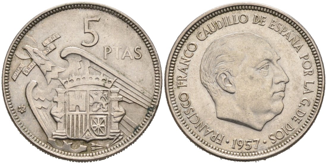 Испания 5 песет 1957(65) Франсиско Франко (1939-1975) KM 786 медно-никель 4571-1217