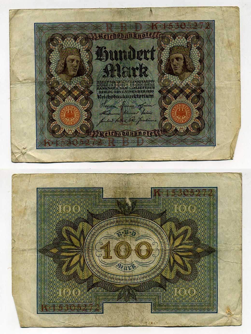 Германия 100 марок 1920 Бамбергский всадник, 8 цифр в номере Pick 69 b, Розенберг 69b бумага 8619-38-2-1