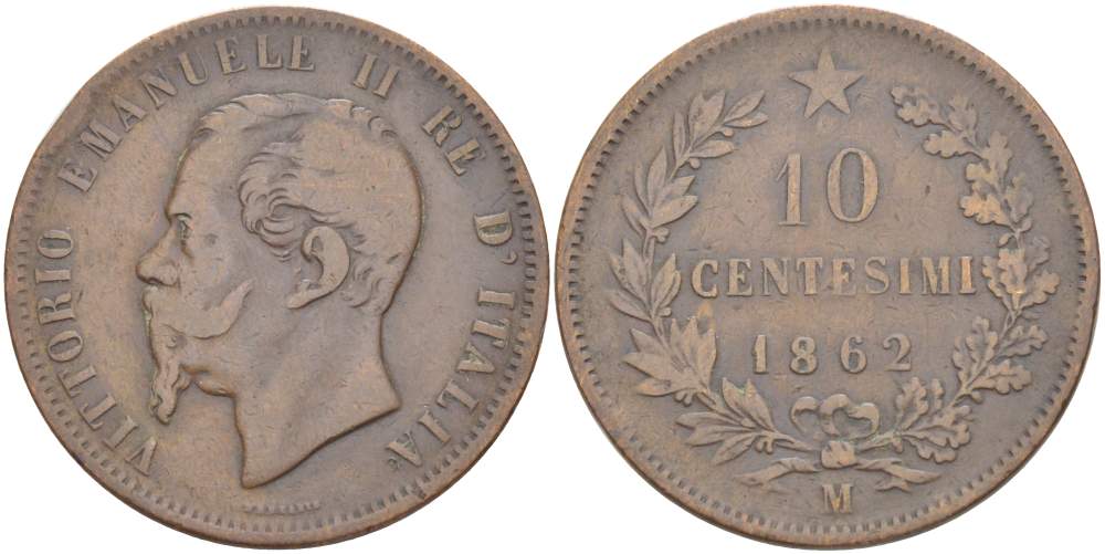 ИТАЛИЯ 10 ЧЕНТЕЗИМО 1862 M, МОНДВОР МИЛАН, ВИКТОР ЭММАНУИЛ II (1861-1878) KM 11.1 медь 4526-714