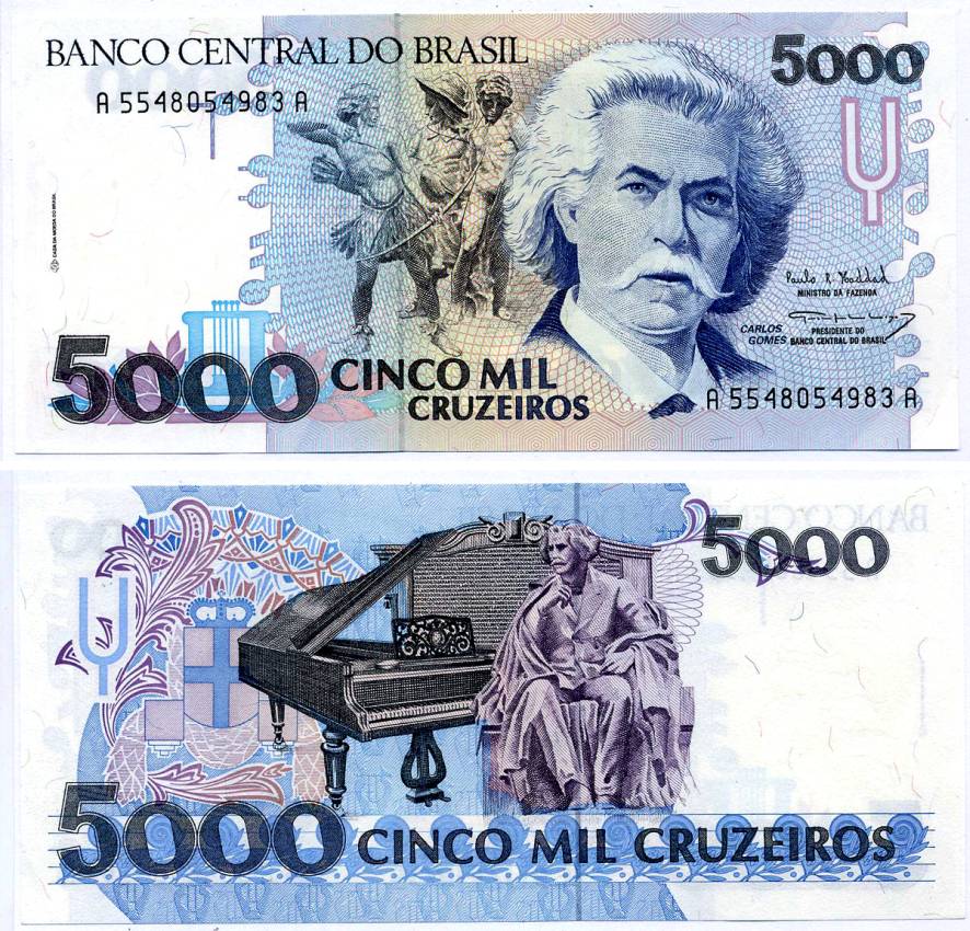Бразилия 5000 крузейро ND (1990-1993) Карлось Гомес, музыкант, рояль Pick 232 с бумага аUNC 7487-50-1-1