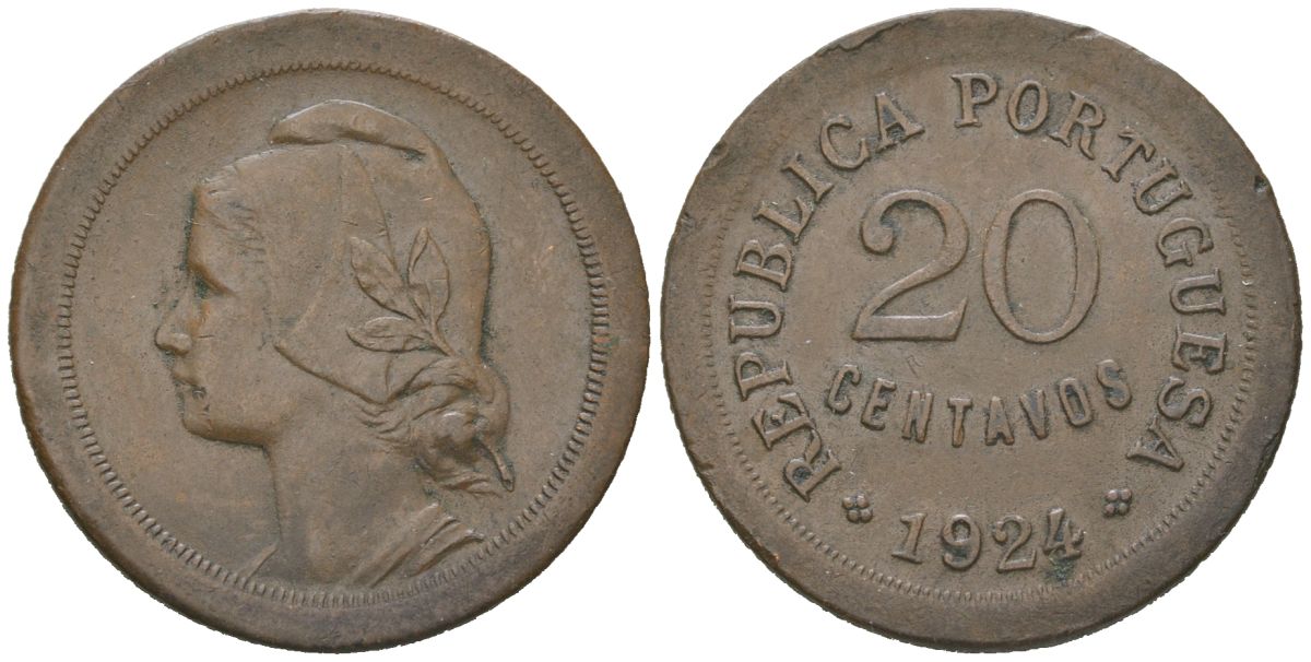 Португалия 20 сентаво 1924 KM 574 бронза 4616-616