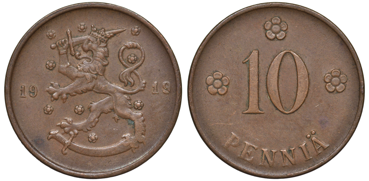 Финляндия 10 пенни 1919 KM 24 медь 45-1026