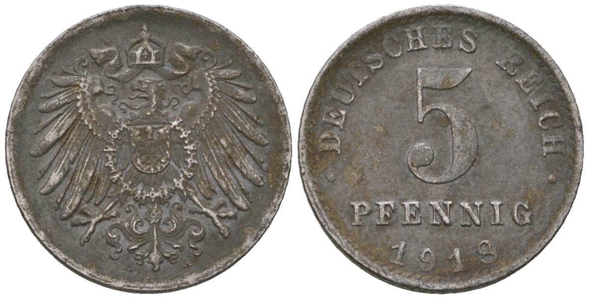 Германия 5 пфеннигов 1918 A, Вильгельм II (1888-1918) KM 19, AKS 17, J 297, Schon DM 20, Neum 33 железо 4588-344