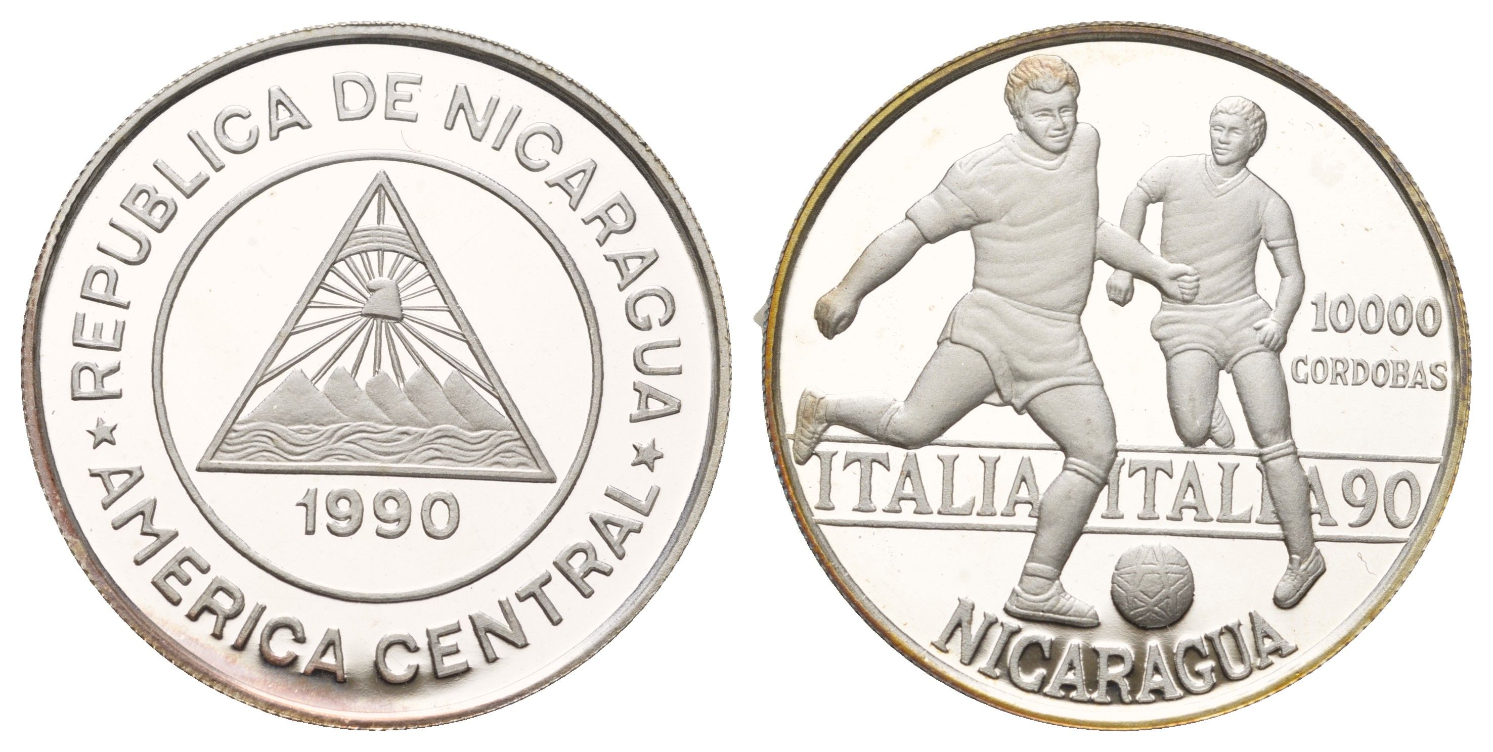 Никарагуа 10000 кордоб 1990 Чемпионат мира по футболу 1990 KM 66 серебро PROOF 413-744