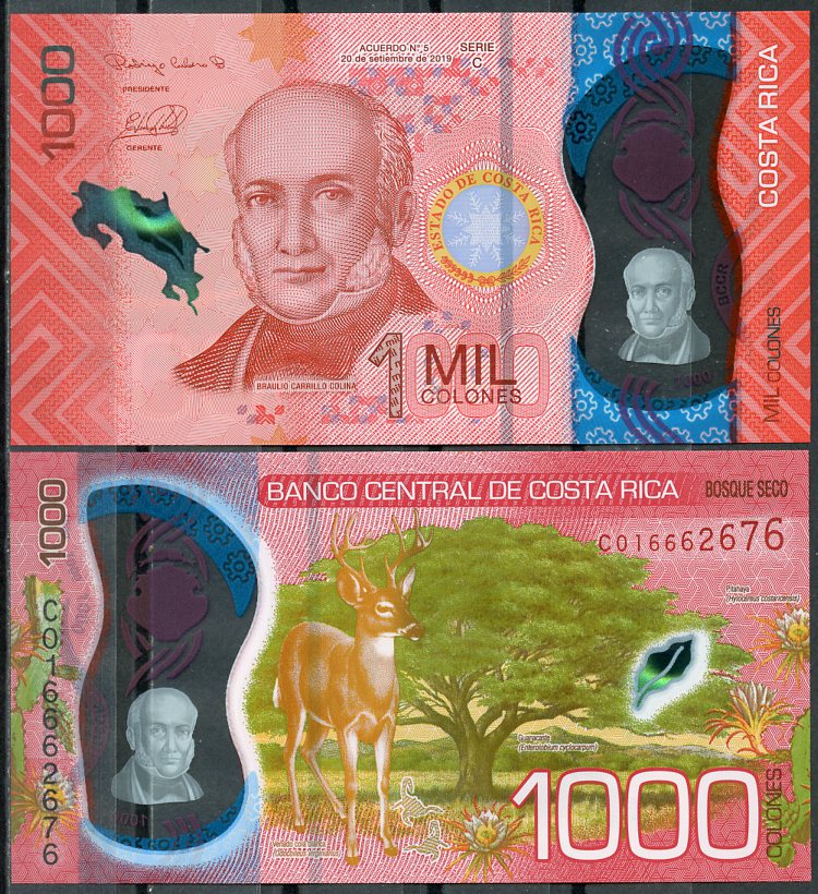 Коста-Рика 1000 колонов 2019 Браулио Каррильо Колина, дерево Гуанакаста, белохвостый олень Pick 280  пластик  UNC (пресс) 448-55-2