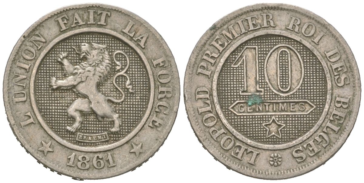 Бельгия 10 сантимов 1861 Леопольд I (1831-1865) KM 22 медно-никель 4615-664