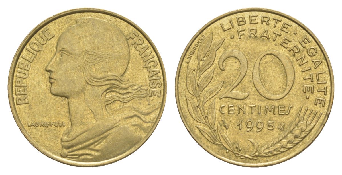Франция 20 сантимов 1995 тип Morlon KM 930, Le Franc 156.39 алюминиевая бронза 4631-517