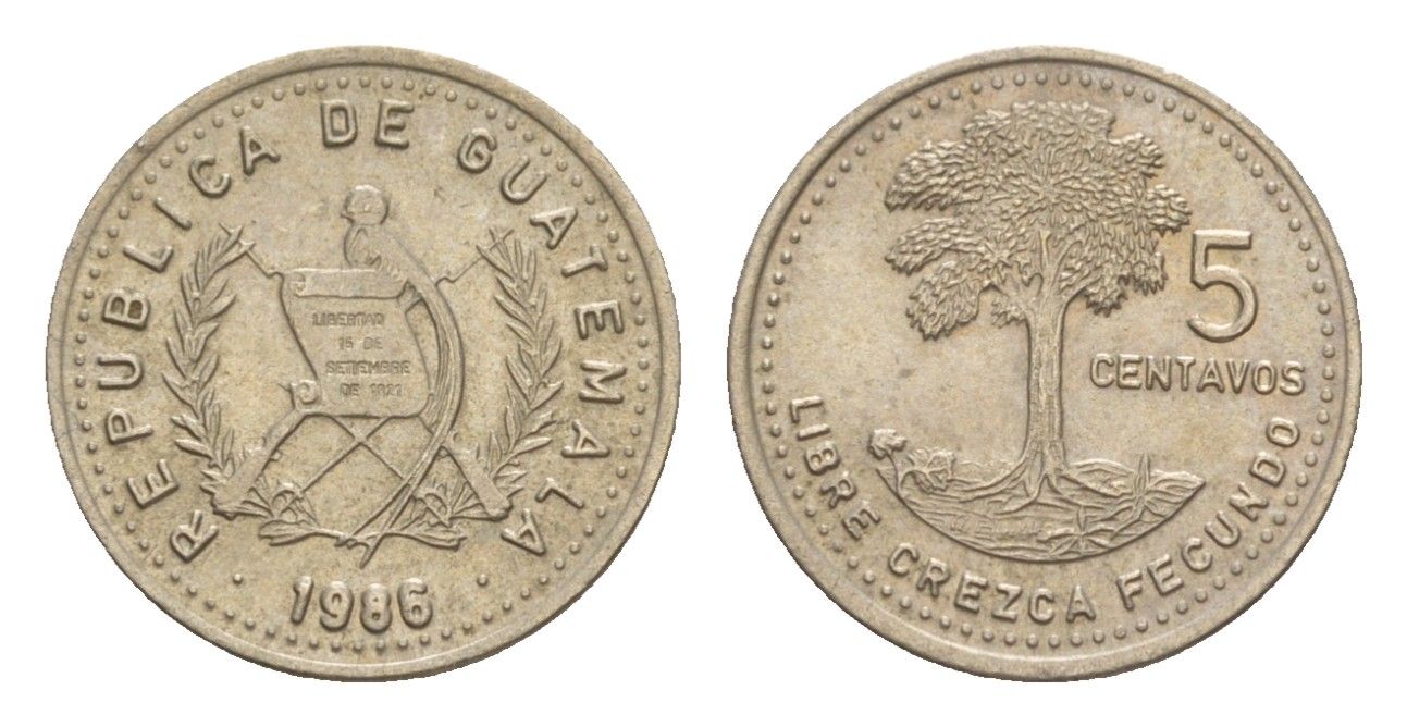 Гватемала 5 сентаво 1986 KM 276 медно-никель 4649-927